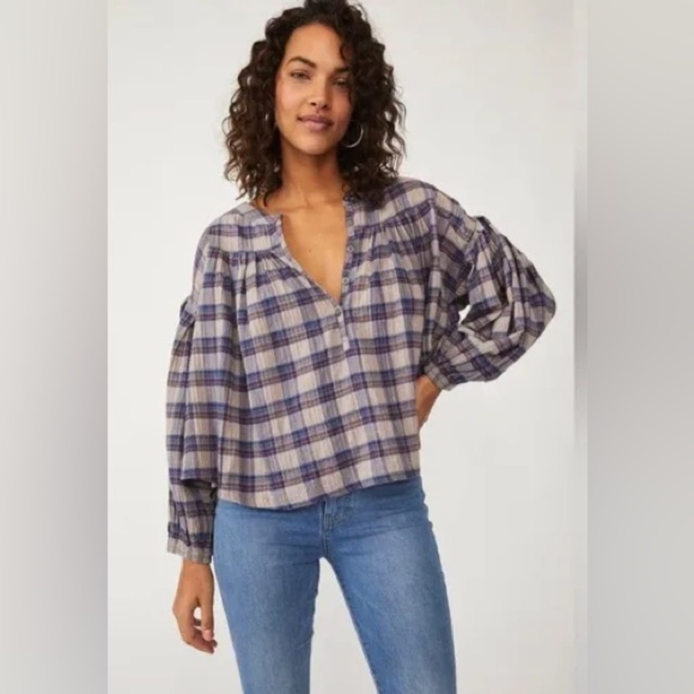We The Free Women’s Tunic Top Small Pink Blue Plaid Balloon Sleeve Cotton